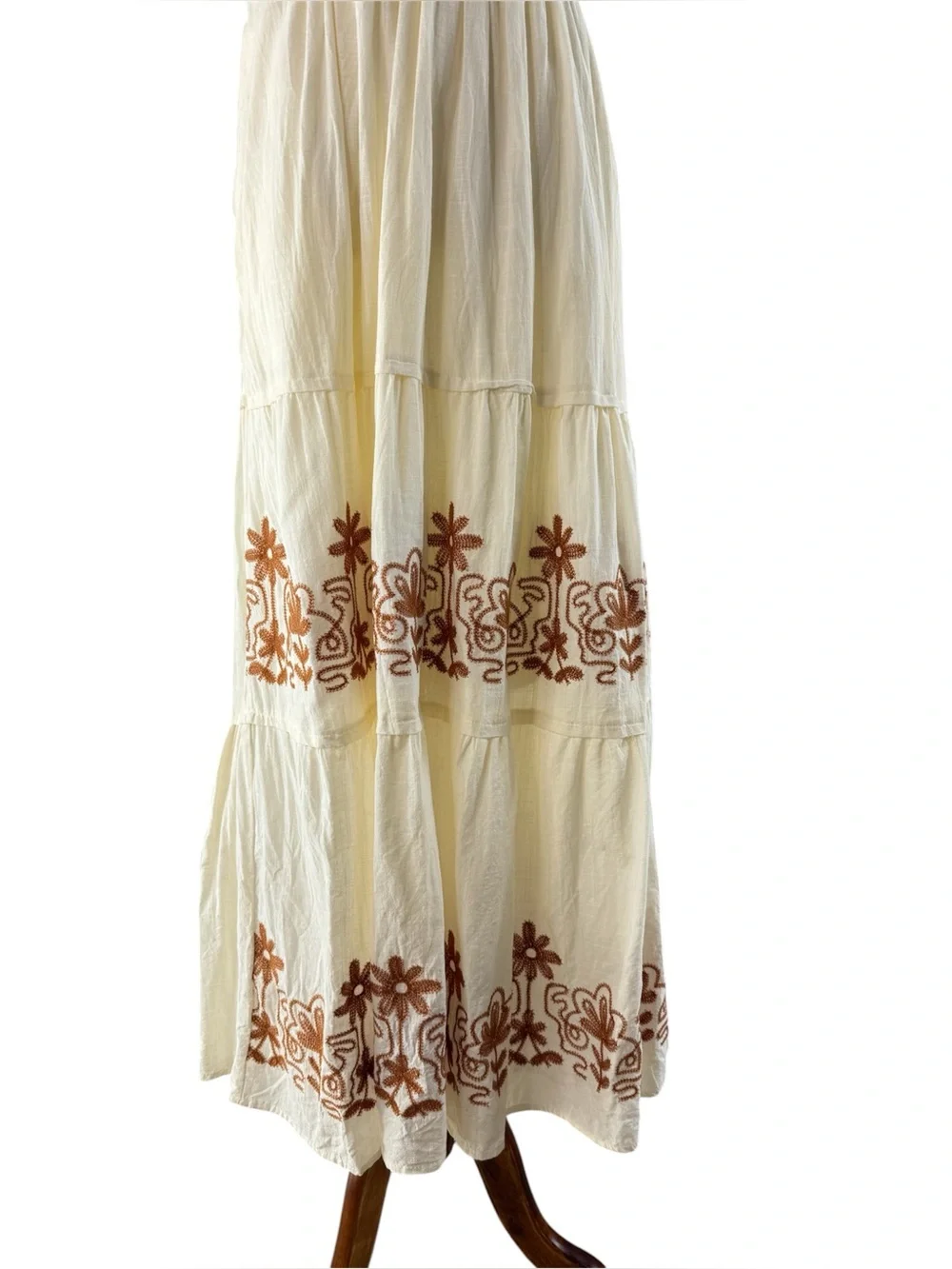 Polagram Cream & Brown Embroidered Notch Neck Short Sleeve Maxi Dress